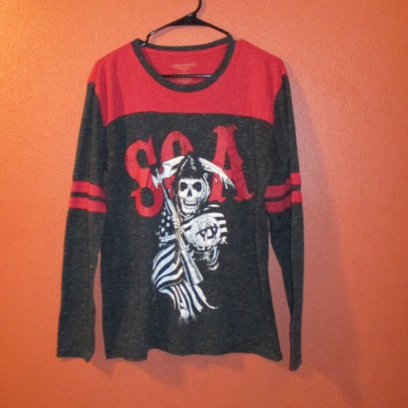 Sons Of Anarchy Men Large Red Black White Graphic Skull Reaper Long Sleeve Shirt - Picture 1 of 6